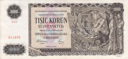 Szlovákia 1940. 1000K "SPECIMEN" perforációval T:I- Slovakia 1940. 1000 Korun with "SPECIMEN" perforation C:AU