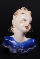 Máz alatt festett, art deco, kerámia büszt (apró lepattanásokkal) /  Art deco female bust, painted, glazed ceramic (with minor faults), 18cm