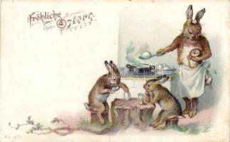 Easter rabbits, egg cooking, litho (small tear)