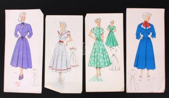 1949 Több mint 40 db női ruhaterv, több jelzett (Eté) 30×14 cm