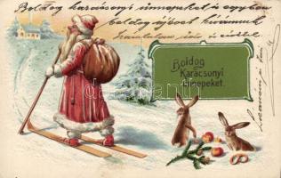 Christmas, Santa Claus, rabbits, Emb. litho