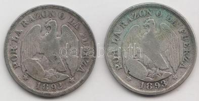 Chile 1892. 20c Ag (4.76g) + 1893. 20c Ag (4.66g)  T:3
Chile 1892. 20 centavos Ag (4.76g) + 1893. 20...