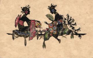 Chinese folklore, tea, ladies, litho