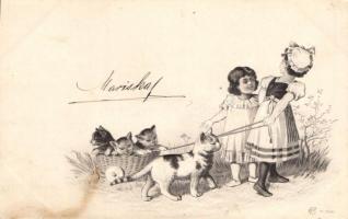 Cats, girls, Emb. litho