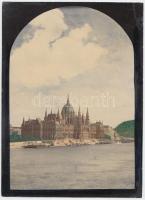 cca 1930 Kerny István (1879-1963): Budapest, a magyar Parlament. Kézzel színezett vintage fotó, hátoldalán pecséttel jelzett, 23x17cm