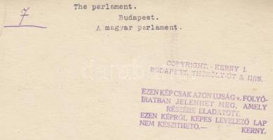 cca 1930 Kerny István (1879-1963): Budapest, a magyar Parlament. Kézzel színezett vintage fotó, háto...