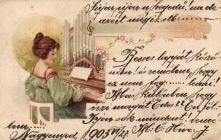 Lady playing the piano, litho (fa)