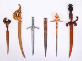 6 db levélnyitó rézből, bronzból, alumíniumból és fémből, h:24 cm