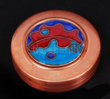 Egyedi készítésű vörösréz szelence rekeszzománc díszítéssel /  Individually designed copper pillbox with cloisonné decoration, d: 5cm