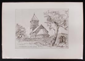 Szánthó Imre (1925-1998): Nagybörzsöny Szt. István templom. Rézkarc (próba), papír, jelzett, 29×39 cm