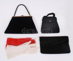 3db régi színházi táska (bőr, bársony, illetve szatén) és két pár nejlon kesztyű /  3 vintage theatre bags (leather, velvet and satin) and two pairs of nylon gloves