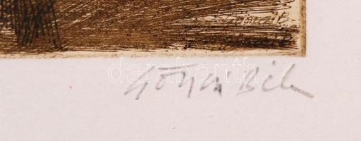 Gönczi Béla (1934-): Telekfalva. Rézkarc, papír, jelzett, 29×39 cm