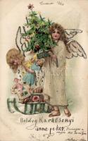 Christmas, angels, decorated greeting card, litho