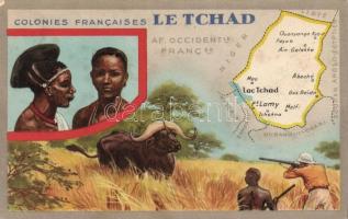 French colonies, Chad, Lake Chad, folklore, buffalo hunting, map, description on the back side (EB)