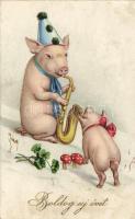 New Year, pigs, saxophone, mushroom, litho (Rb)