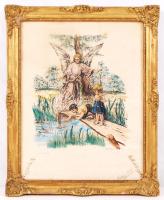 Gulyás jelzéssel: Az őrangyal. Színezett litográfia, papír, üvegezett keretben 27×22 cm