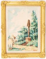 Szűcs jelzéssel: Keresztfánál. Akvarell, papír, üvegezett keretben, 21×14 cm