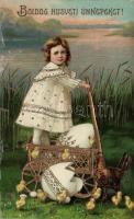 Easter girl, chickens, cart, Emb. litho