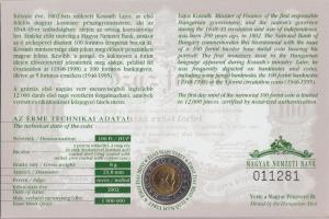 2002. 100Ft "Kossuth" elsőnapi veret sorszámozott díszlapon T:BU