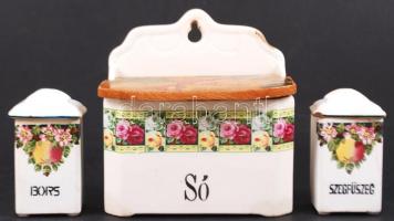 Cca 3 db-os  Gránit kerámia fűszertartó szett, sérült, matricás, 14×10 cm, m:15 cm
