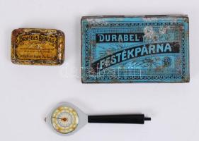 Régi festékpárna fém dobozban, fém gyógyszeres doboz, modern fénymérő