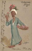 Egyiptomi férfi virággal, litho s: Binder, Egyptian man with flowers, litho s: Binder