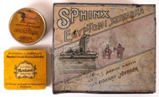 cca 1920-1930 3db, különböző fémdobozka: Sphinx egyiptomi szivarka, Dr. Wander széntabletta (tablettákkal) és Dr. Wander Mentanol tabletta /  3 vintage metal boxes: a cigarette box and two pillboxes