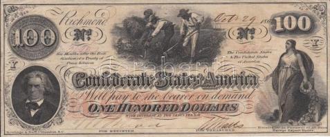 Amerikai Konföderációs Államok / Richmond 1864. október 29. 100$ vízjeles papír, piros sorozat és sorszám, fekete keltezés. Hátlapon két különféle fekete bélyegzés Tallahassee / Boston T:III Confederate States Of America / Richmond 1864.29. october, 100 Dollars paper with watermark, with red serials and black date. On the back there are two different seals Tallahassee / Boston C:F