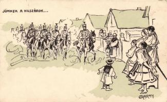 Jönnek a huszárok / Hussars are coming, Kner Izidor postcard, s: Garay