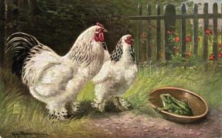Cock, hen, frog, artist signed (small tear)