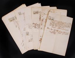 cca 1860-1870 16 db okmánybélyeges irat, rajtuk érdekes többféle méretű és fogazású ungvári okmánybélyegekkel