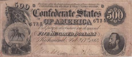 Amerikai Konföderációs Államok / Richmond 1864. február 17. 500$ T:III(restaurált) Confederate States Of America / Richmond 1864. febr.17th 500 Dollars C:F(restored)