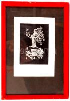 Würtz Ádám (1927-1994): Asztalnál. Fametszet, jelzett, üvegezett keretben, 12×9 cm