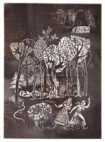 Würtz Ádám (1927-1994): Az alvó a fák alatt. Fametszet, jelzett, üvegezett keretben, 12×9 cm
