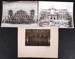 1900-1932 3 db fotó az Országházról; az építésről szóló kép repró; az alkalmazottak csoportképe eredeti negatívról modern másolat; az éjszakai fotó aláírt, vintage kép Thöresz Dezső hagyatékából; 13x18 és 18x24 cm-es méretek között