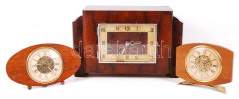 Sérült art-deco kandalló óra, 2 db retró asztali óra, müködik