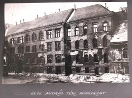 cca 1945-1955 Fotóalbum a budai vár épületeinek állapotáról, 9 db beragasztott 12x18 cm fénykép, kép...