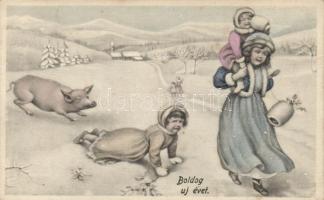 New Year, pig, children, humour (fl)