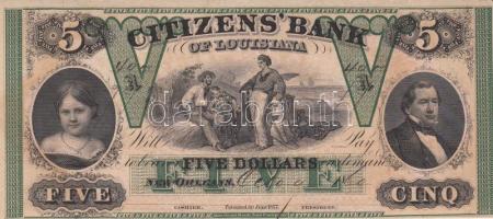 Amerikai Egyesült Államok / Louisiana / New Orleans / Citizens' Bank of Louisiana 1860. 5$ "A" sorozat dátum- és sorszámmal T:I United States Of America / Louisiana / New Orleans / Citizens' Bank of Louisiana 1860. 5 Dollars "A" with date and serial numbers C:UNC