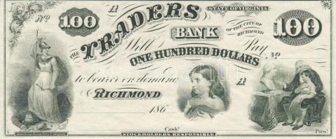 Amerikai Egyesült Államok / Virginia / Richmond / Traders Bank of the City of Richmond 186X. 20$ "A" + 50$ "A" + 100$ "A" eredeti klisével készült utánnyomatok T:I United States Of America / Virginia / Richmond / Traders Bank of the City of Richmond 186X. 20 Dollars "A" + 50 Dollars "A" + 100 Dollars "A" reprints with original printing plate C:UNC