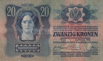 1913. 20K (2x) egyik piros "Magyarország" körbélyegzővel T:III,III-