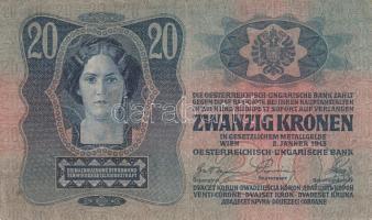 1913. 20K (2x) egyik piros "Magyarország" körbélyegzővel T:III,III-