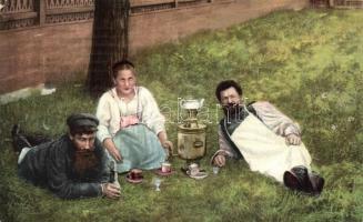 Russians, drinking tea, samovar (EK)