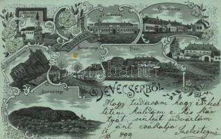 1899 Devecser, Római katolikus templom, járásbíróság, Kossuth és Baross utca, piac, Esterházy kastély, Somlyói hegy és vár, litho, floral