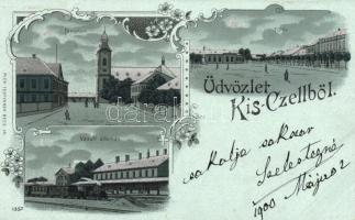 Kiscell, templom, Főtér, vasútállomás, litho, floral (Rb)