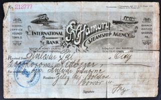 1907 Usa, G.V. Hamory gőzhajó és vasúti ügynökség és International Bank által kiállított csekk, hátoldalán reklámmal, viseltes állapotban,