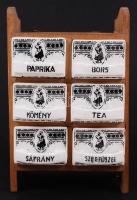 Antik fűszertartó kis szekrény,Gránit porcelán fiókokkal, jelzett, hibátlanok, 24×15 cm