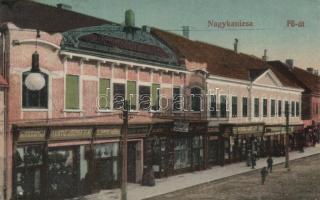 Nagykanizsa, Fő út, Takarékszövetkezet, Lustig József fia, Petermann József, Wollák Mór és Berény József üzletei (Rb)