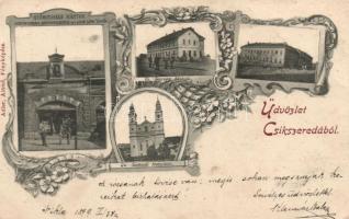 Csíkszereda, Györgyjakab Márton könyvnyomdája, vasútállomás, leányiskola, templom /  press, railway station, girls school, church, floral (fa)