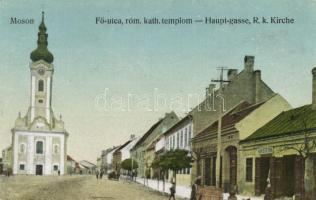 Mosonmagyaróvár - Moson, Fő utca, Római katolikus templom, A. H. Stern üzlete, mészáros üzlet